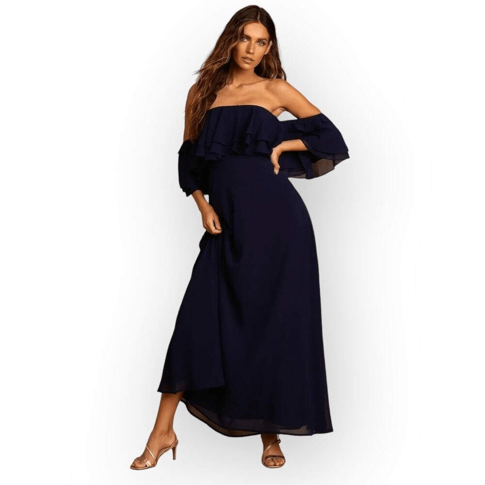 Lulus Just Love Off the Shoulder Maxi Dress Women’s XL Navy Blue Ruffle Long