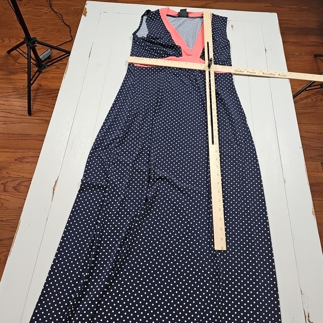 Enfocus Studio Size 8 Maxi Dress Sleeveless Navy Blue With White Polka Dots