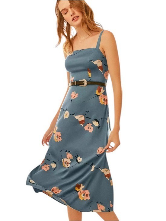 Urban Outfitters Layla Straight Neck Tie Back Midi Dress Dusty Blue Size S