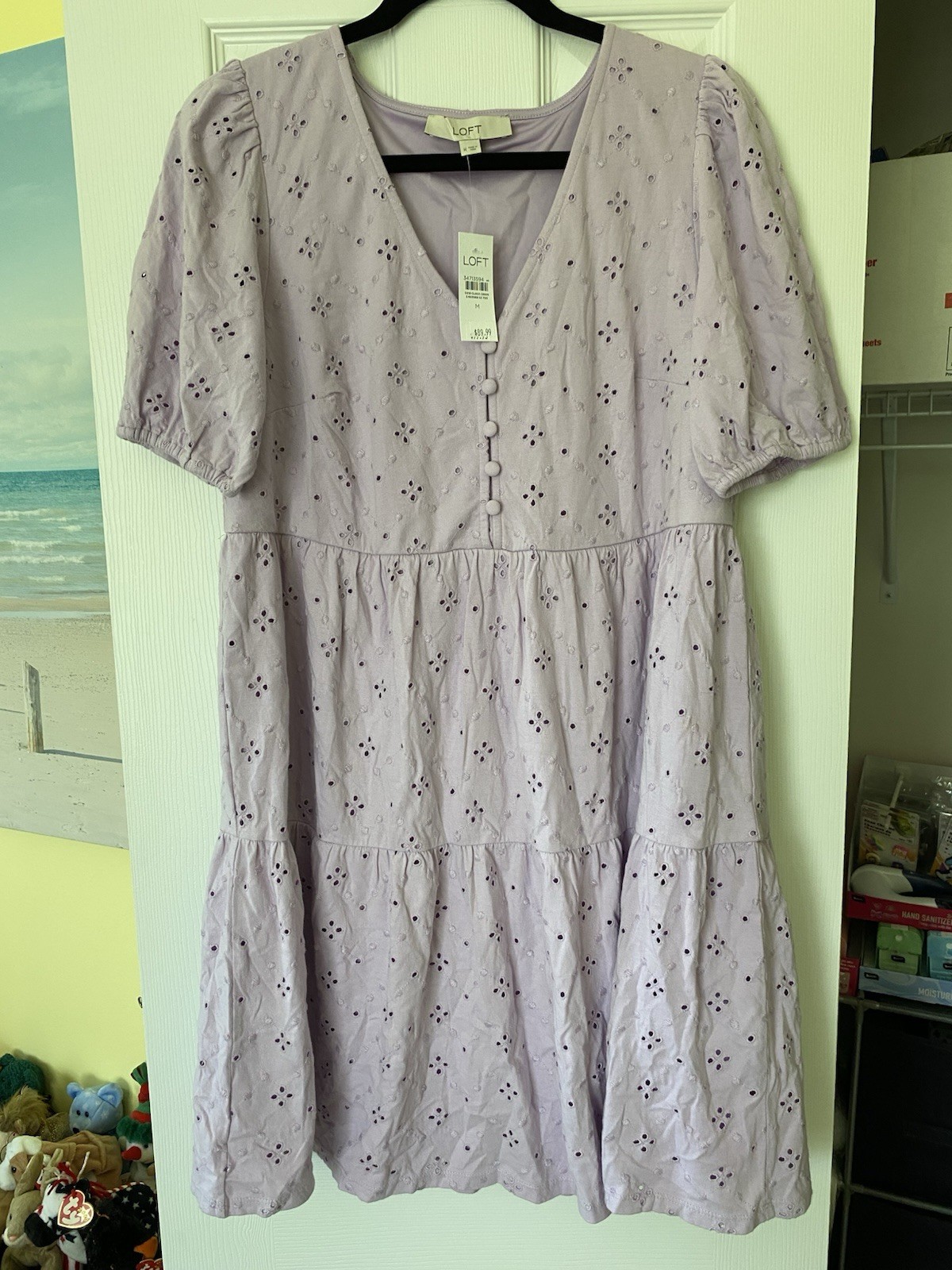 NWT LOFT Lavender Eyelet Puff Sleeve Button Tiered Swing Dress Size Medium