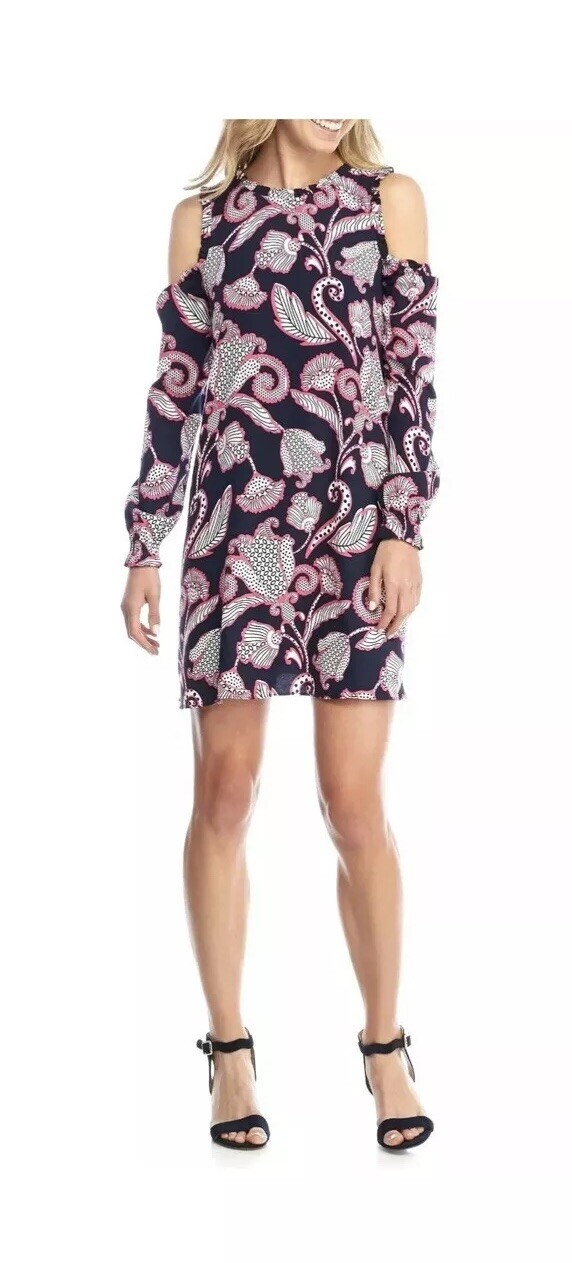 NWT Crown Ivy Womens XS Blue Pink Cold Shoulder Geometric Easter Dress