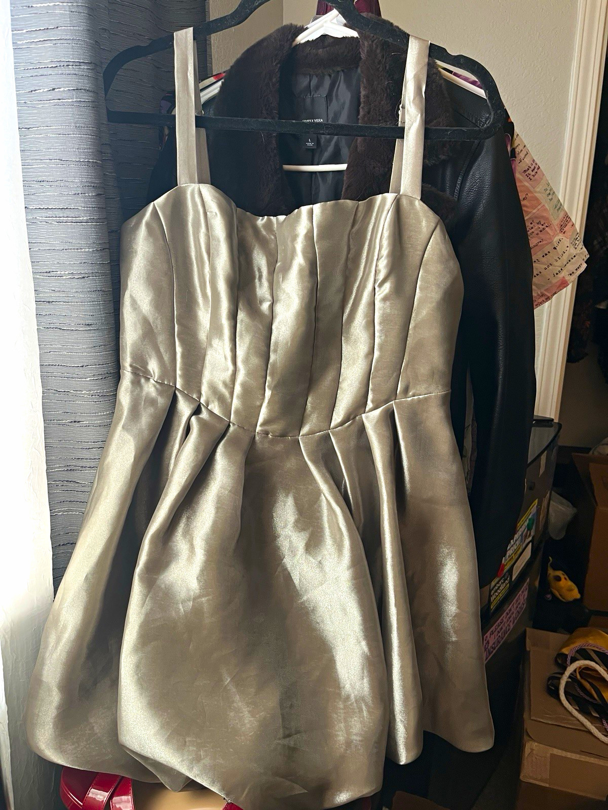 FashionNova Silver/Green Satin Bubble Hem Mini Dress Women’s M