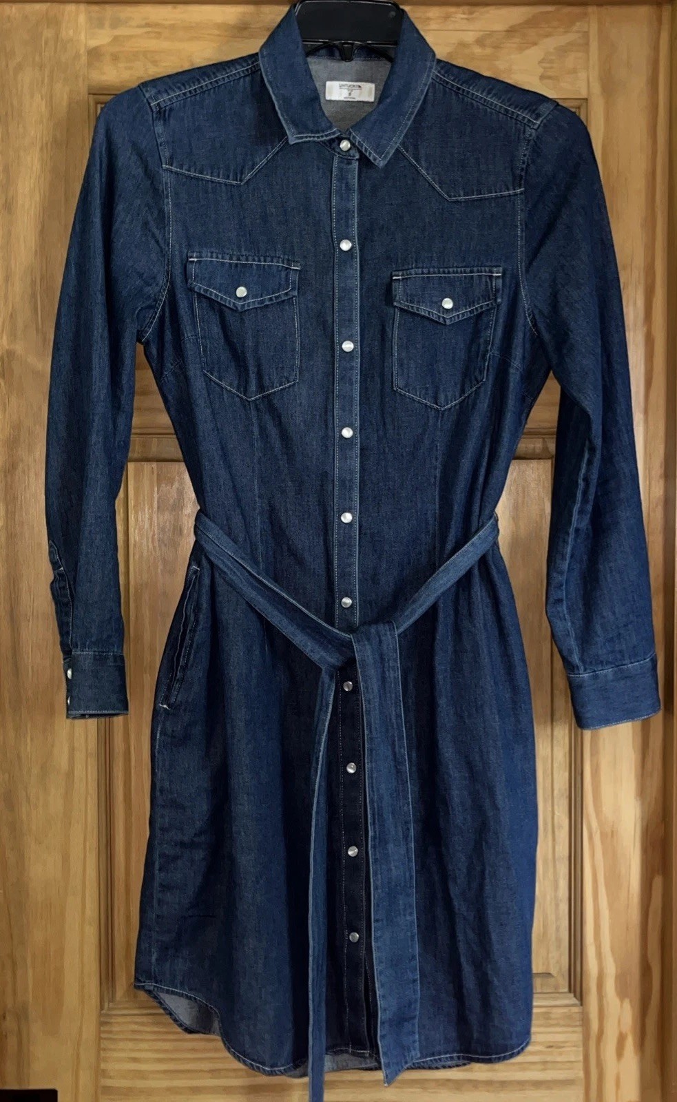 UNTUCKit Kate Denim Jean Shirt Dress Western Style Belted Pearl Snaps 8