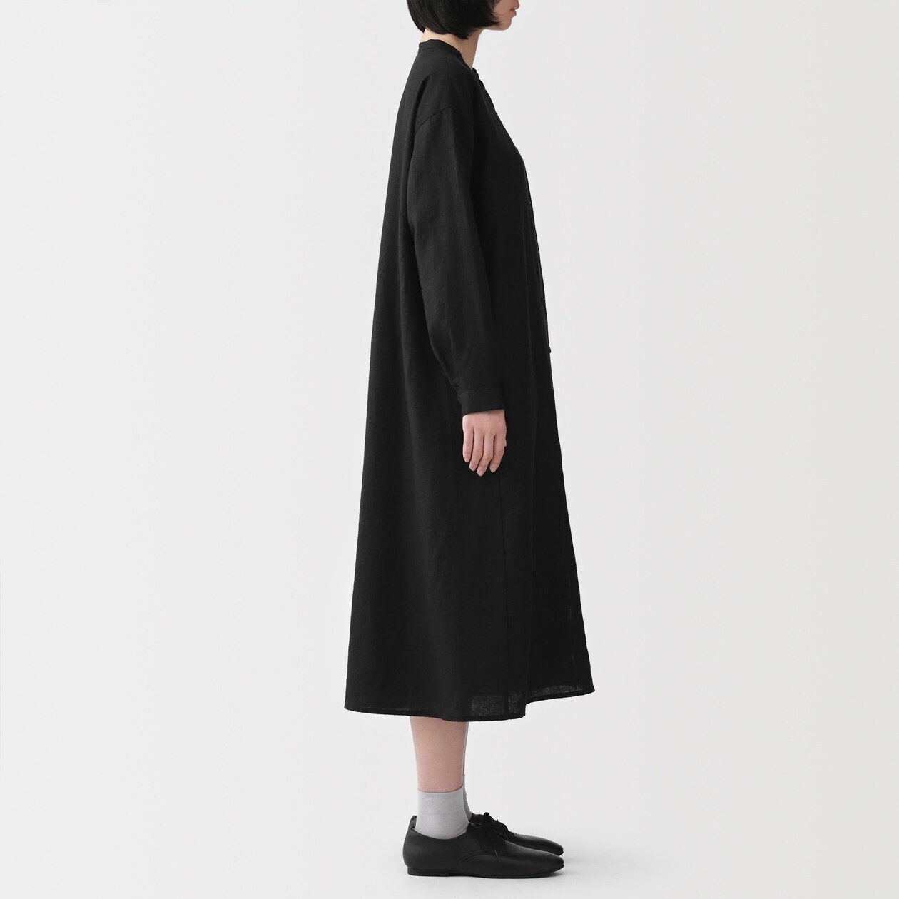 MUJI Womens 100% Linen Washed Long Sleeve Shirt Dress Black 2026 FedEx