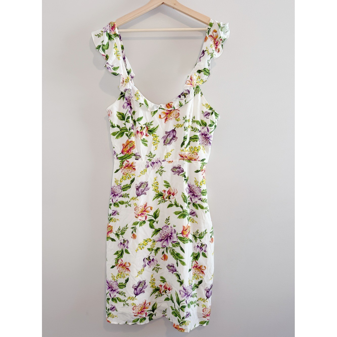 Amour Vert Silk Floral Midi Dress Women’s Large White Romantic Ruffle Sleeve