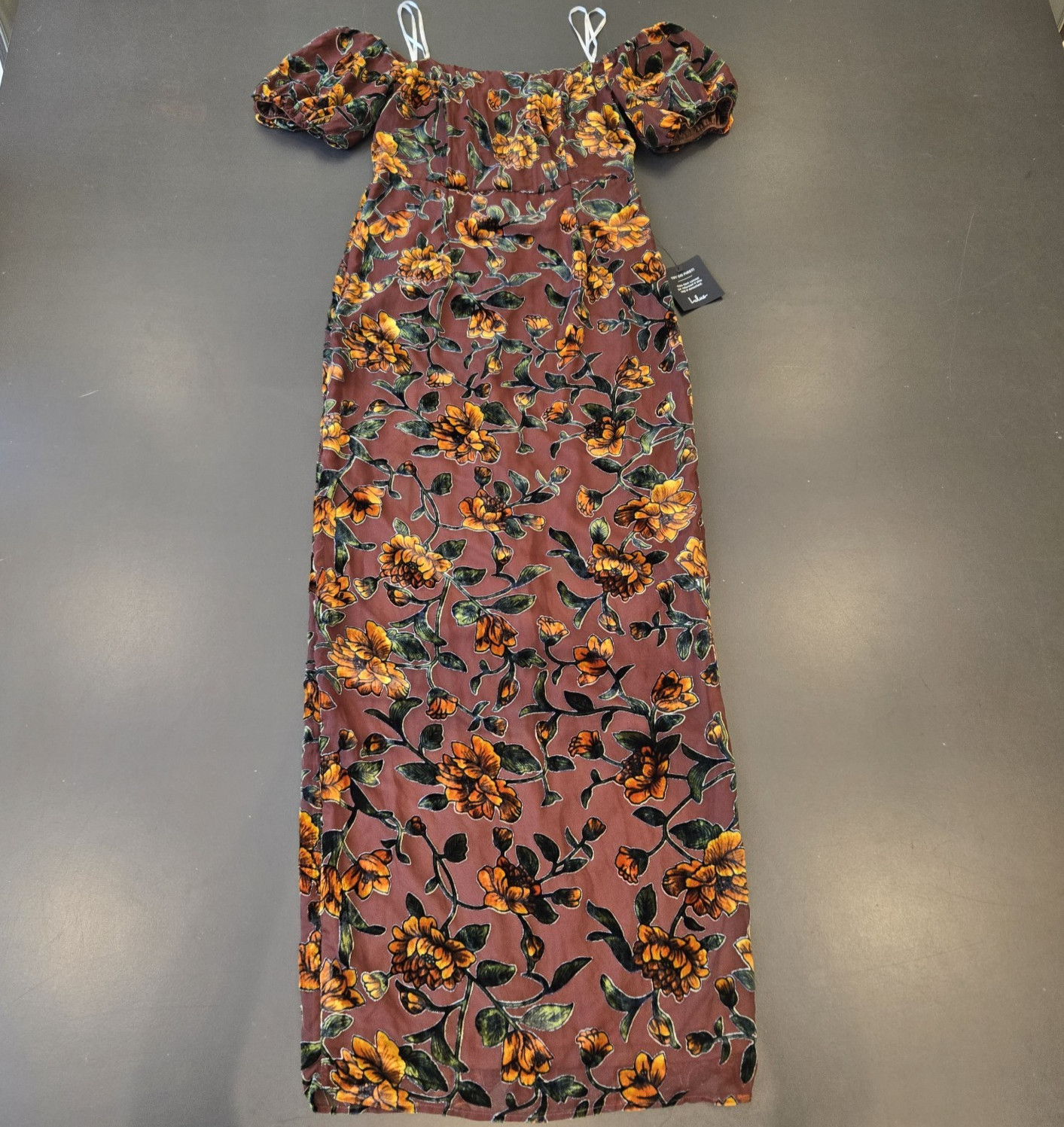 Lulus Velvet Floral Off-the-Shoulder Maxi Dress Brown Puff Sleeve Women’s M New*
