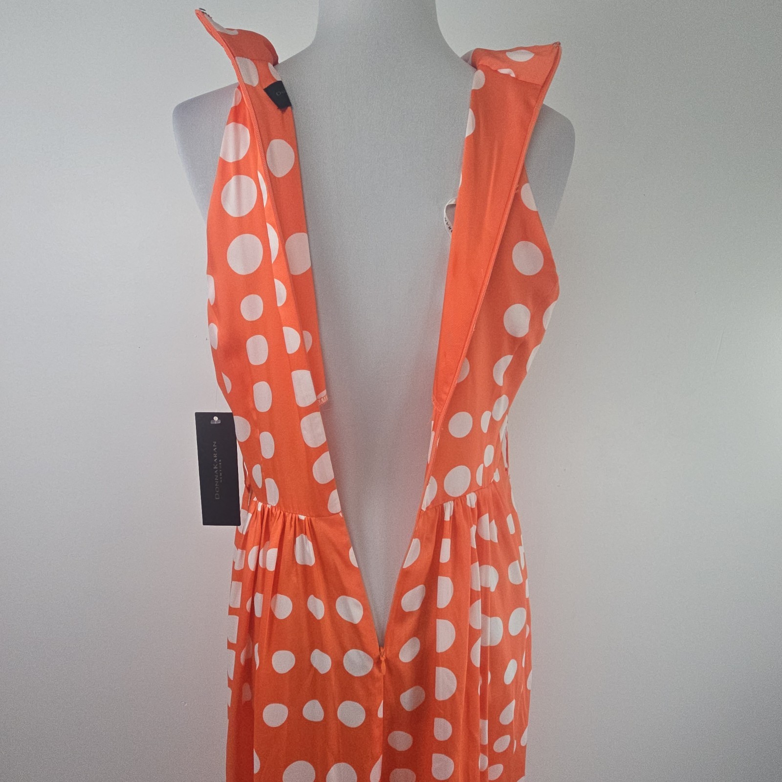 Donna Karen New York Orange Dot Print V-neck Halter Style MIDI Dress Size 4 NWT
