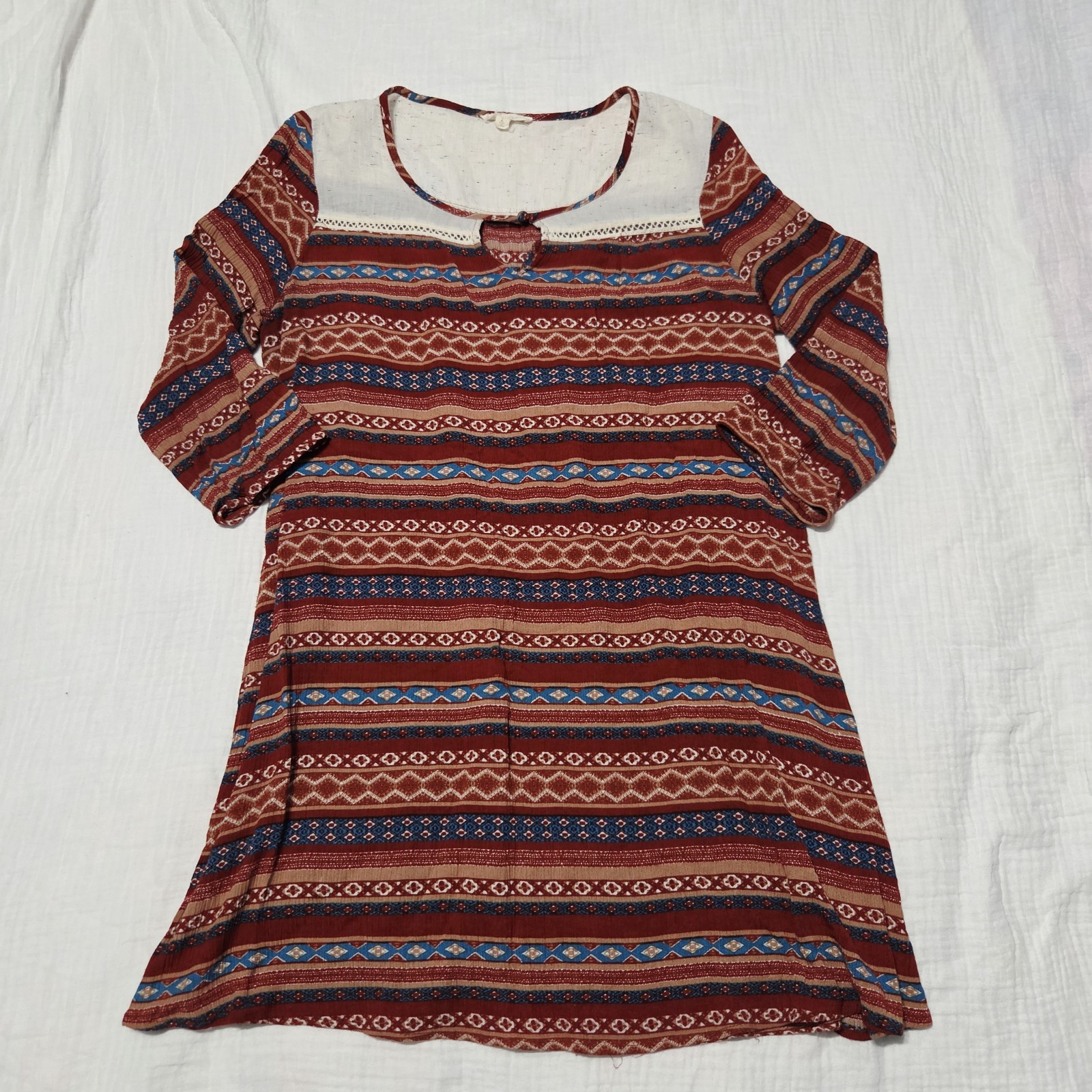 Boho Geometric Stripe Dress Large Long Sleeve Cream Yoke Keyhole Maroon Blue