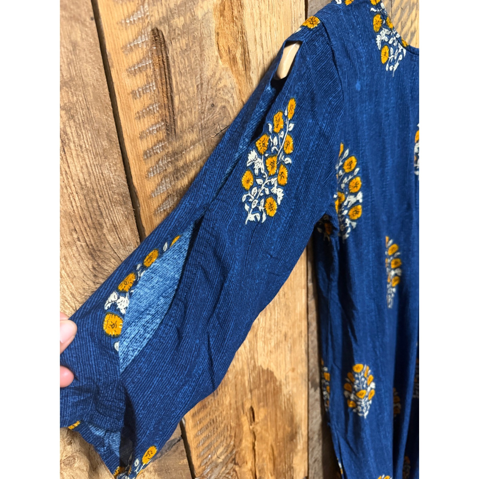 Blue Floral Midi Dress Womens Small Boho Cottagecore Prairie Festival Folk