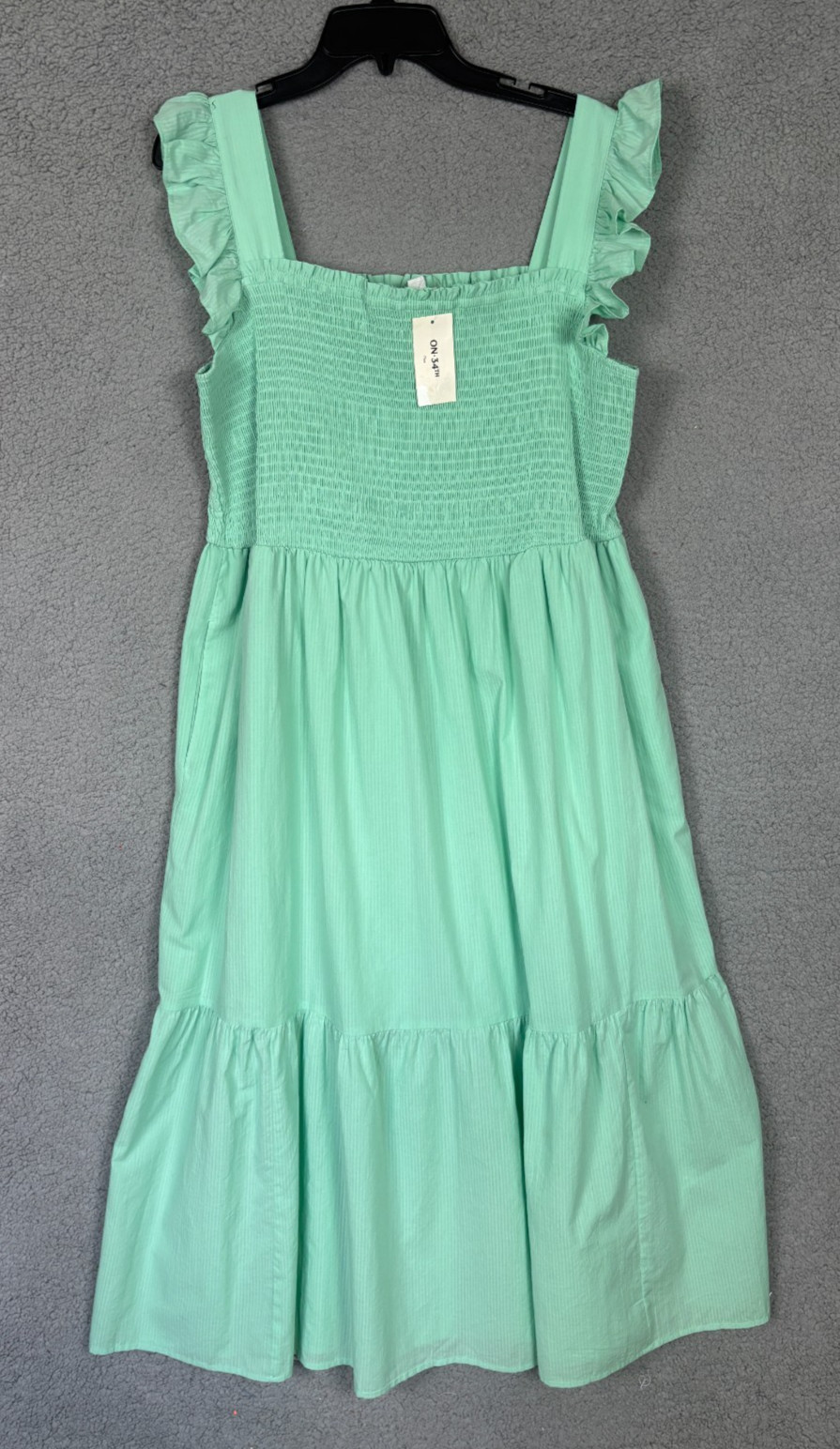 On 34th Plus Size Woven Solid Smocked Ruffled MIDI Dress 1X Sea Mist Green NWT’s