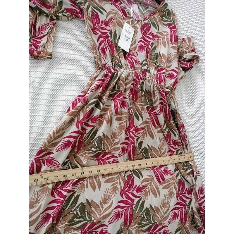Parisian NWT Tropical Leaf Maxi Dress S 100% Cotton Pink Green Long Slv $158