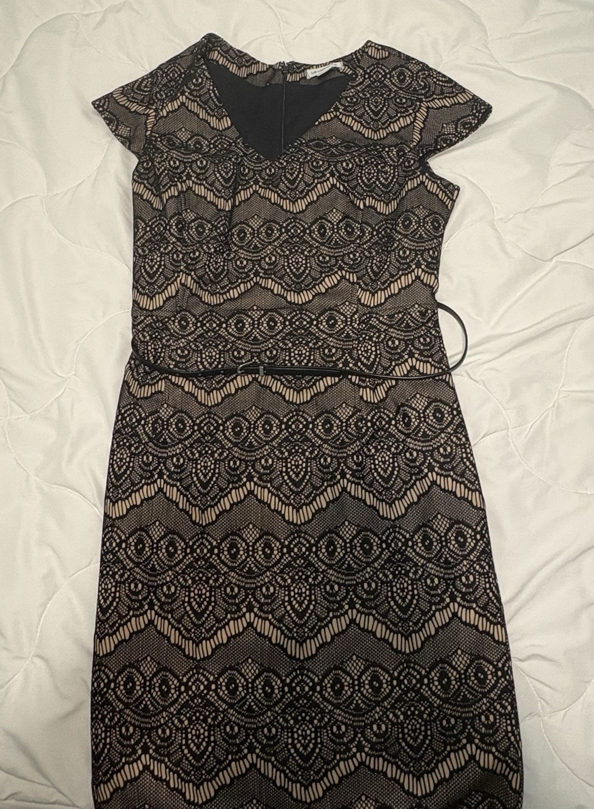 Liz Claiborne Black/Beige Floral Lace Sheath Knee Dress Lined Zip Cap Sleeve 12