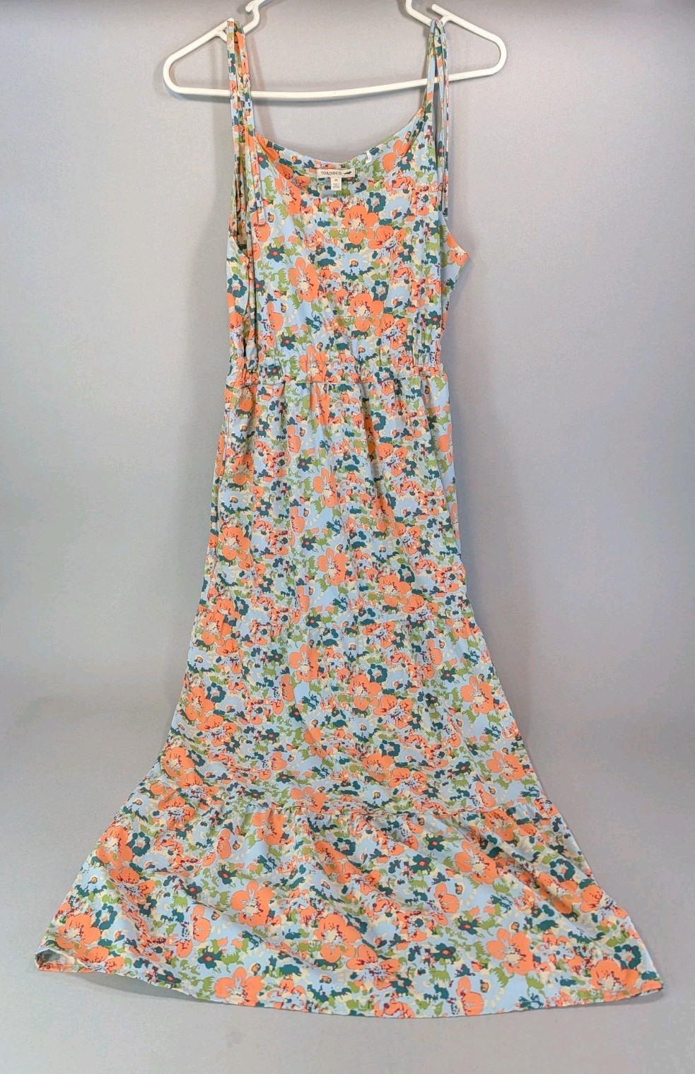 Toad & Co Sunkissed Tiered Sleeveless Dress Size Medium Blue Coral Floral Tank