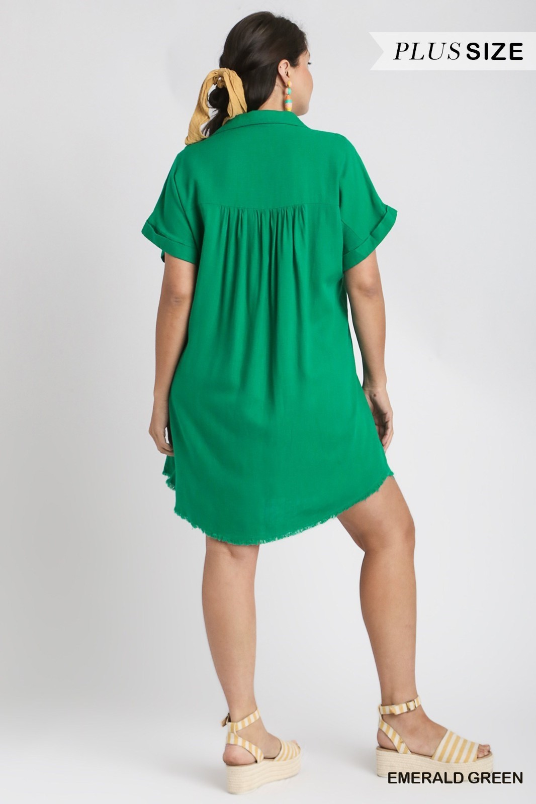 Plus Umgee Emerald Green Shirt Dress V Neck and Collar with Cuffed Sleeves