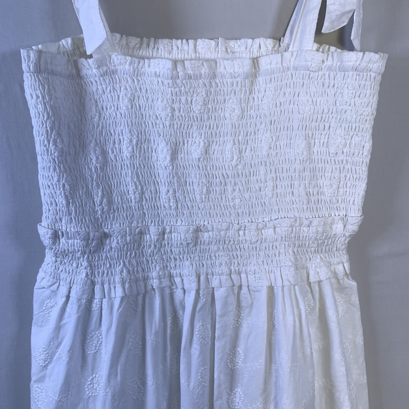 Lost + Wander size Large Smocked 100% Cotton Bow Strap Dress Embossed Print NWT