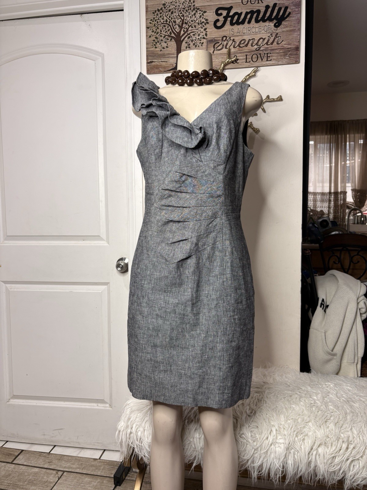 Allen B By Allen Schwart Linen Grey Ruffled Sleeveless Career Dress Sz 8 Sheath