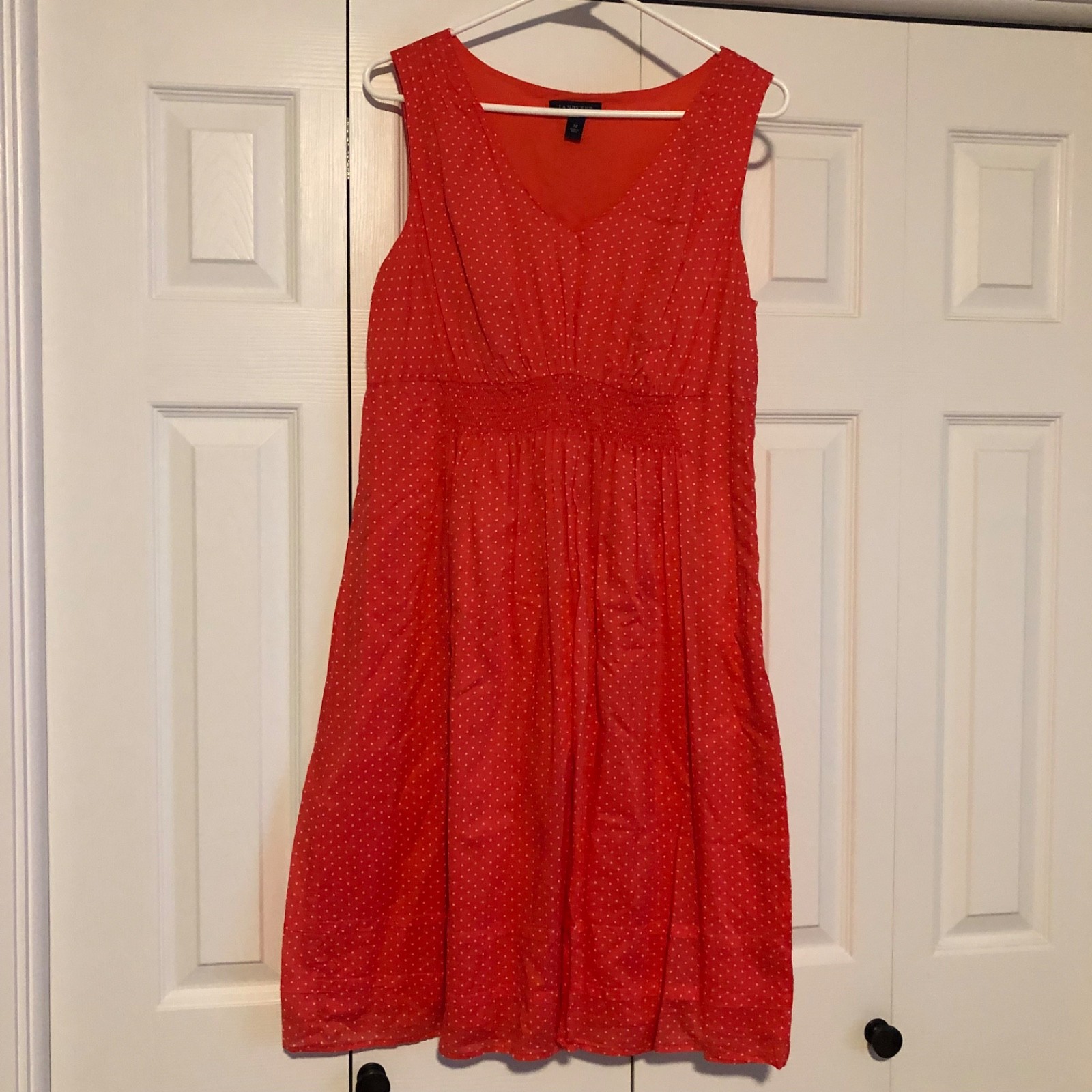 Lands’ End Coral Polka Dot Smocked Dress Womens Size 12 Classic Retro 50s Preppy