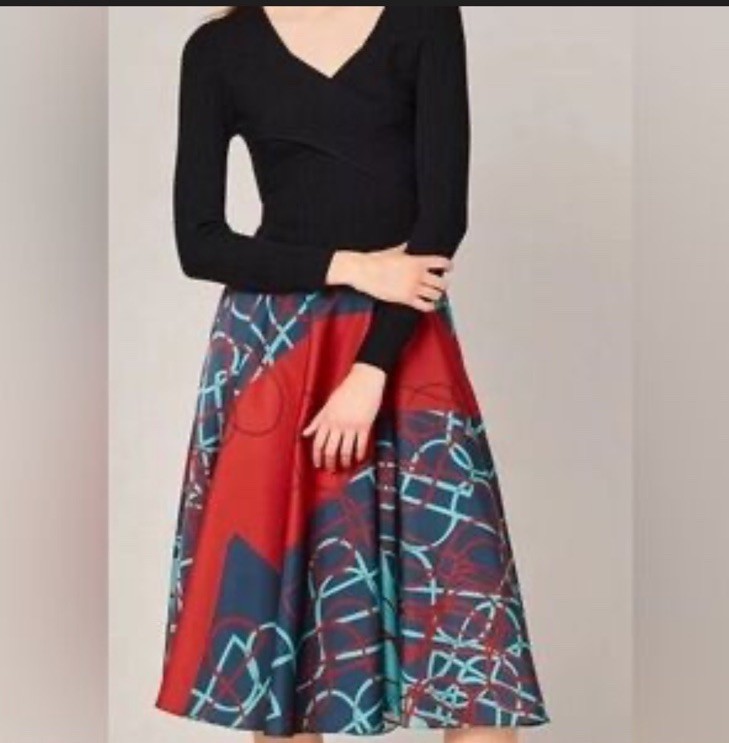 Maryling V Neck Knit Spliced Artistic Print Midi Dress Size 42, US-6-Sheep Wool