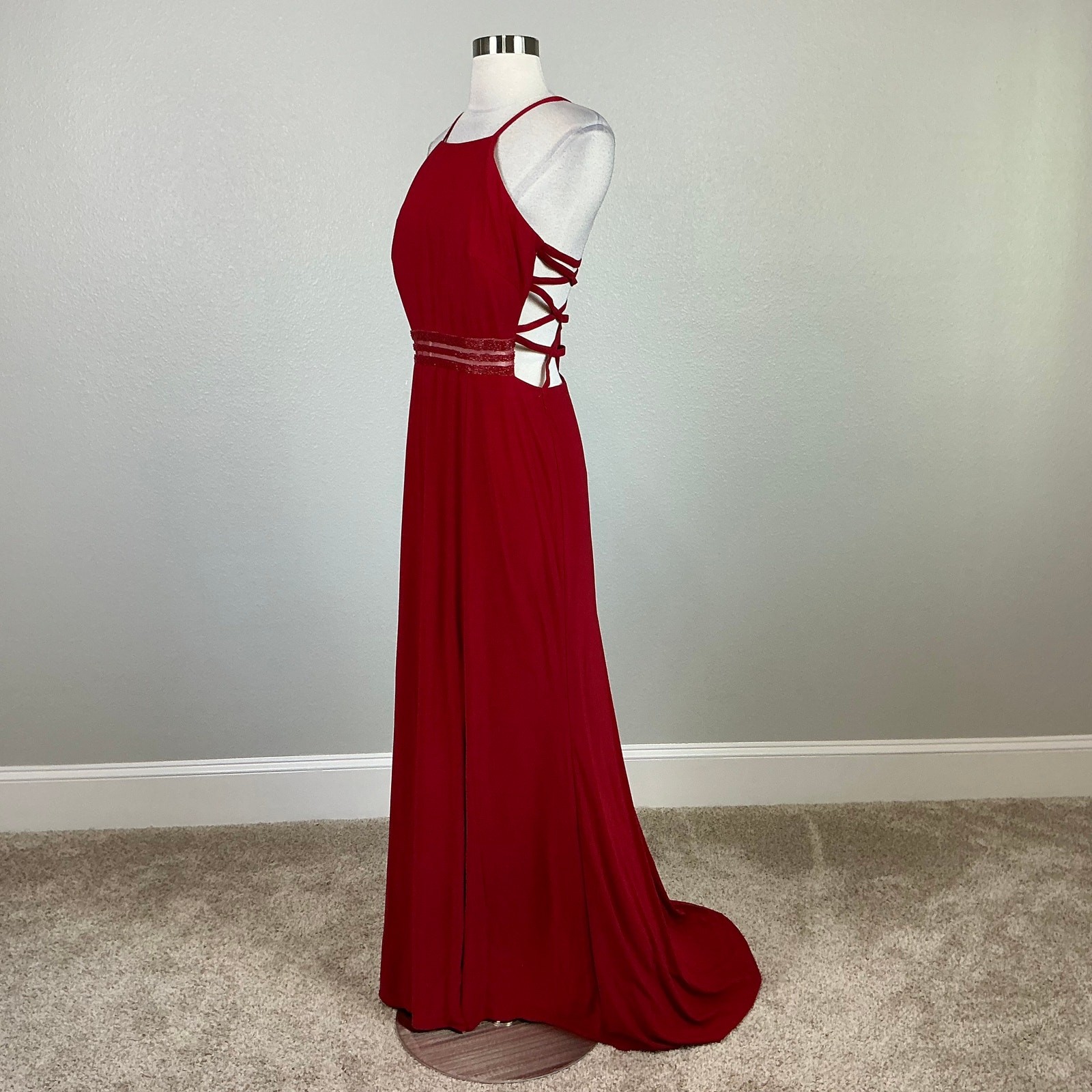 Nightway Red Evening Gown Backless Cut Out Thigh Slit A-Line Long Dress Size 10