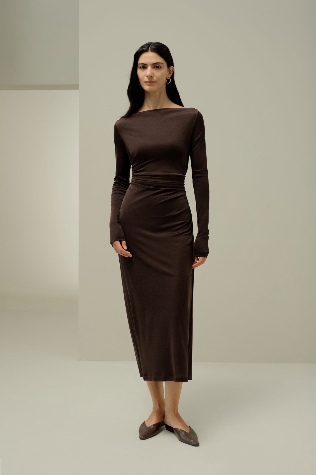 Lilysilk Silk Jersey Ruched Midi Dress Medium Elegant Long Sleeve 100% Silk NWT