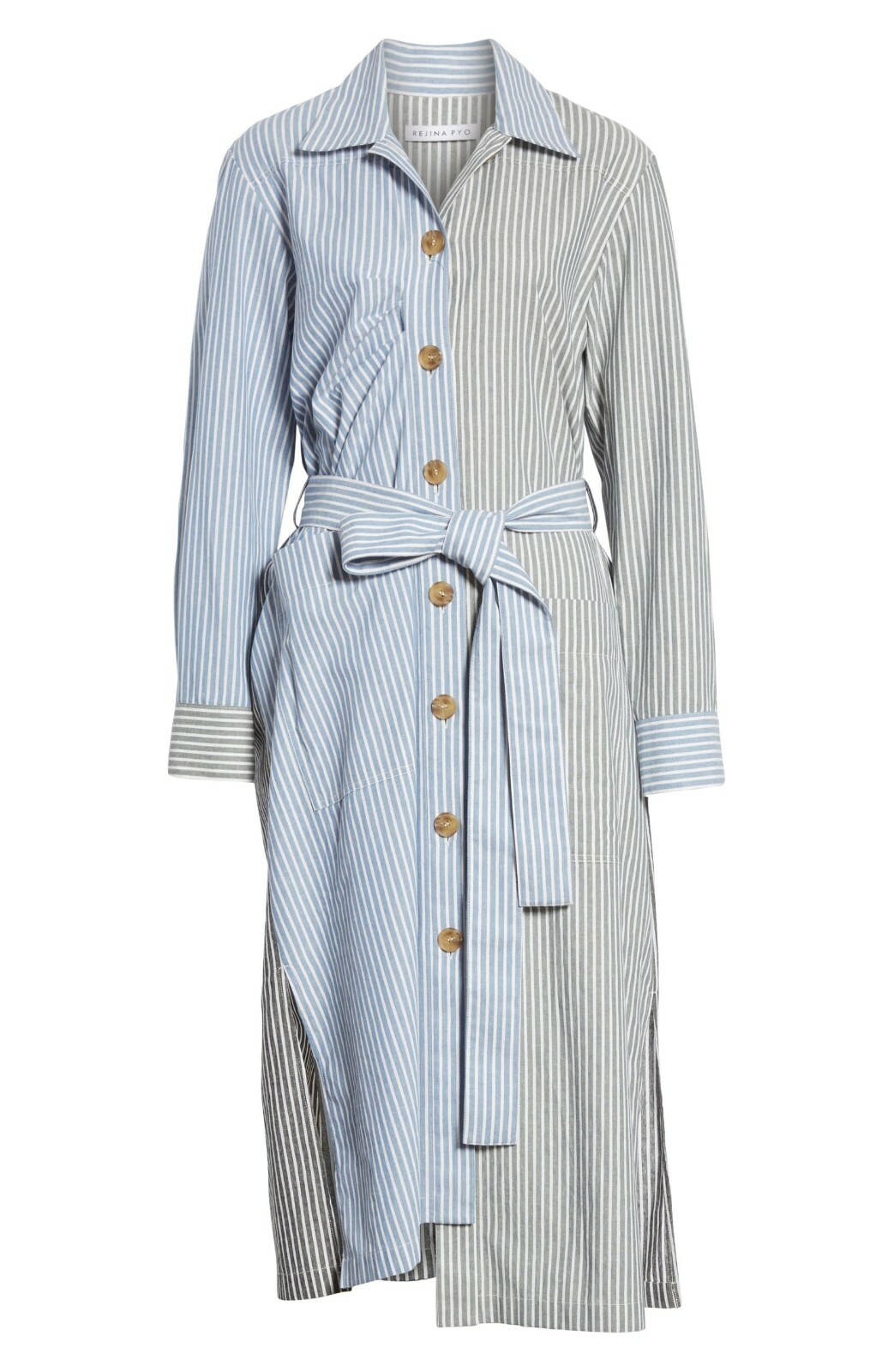 REJINA PYO Black Blue Stripe Asymmetric Tie Waist Cotton Button Shirt Dress M 8
