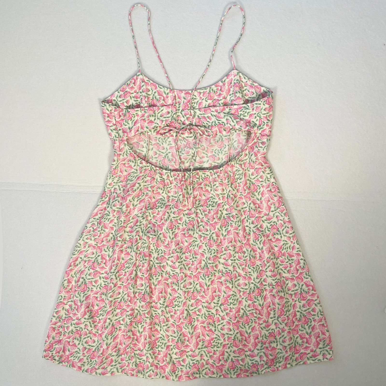 Zara Floral Open Back Mini Dress Pink Green 100% Viscose Tie Back Size XL