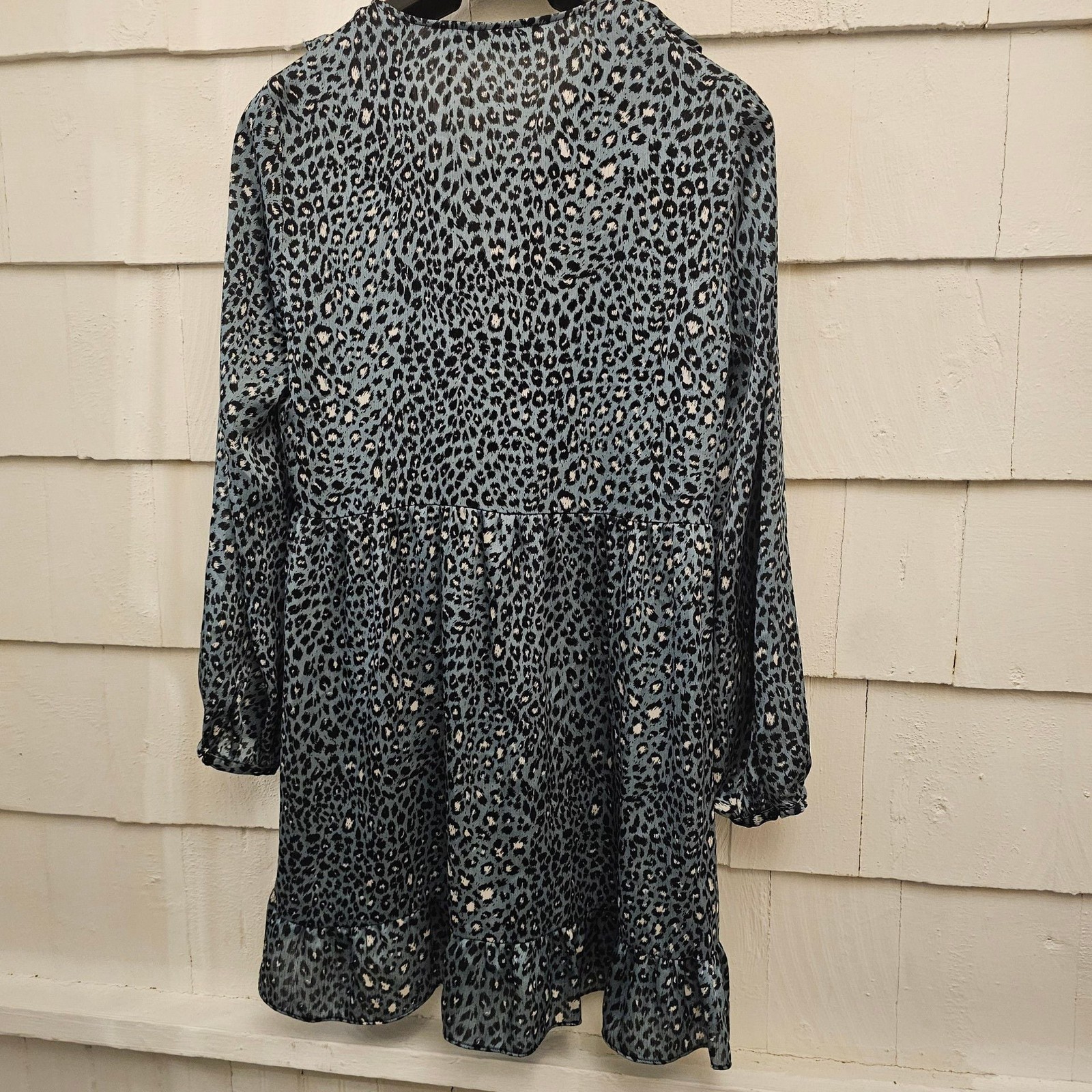Zara Blue Gray Leopard Print Ruffle Mini Dress Women’s XS Long Sleeve Tiered