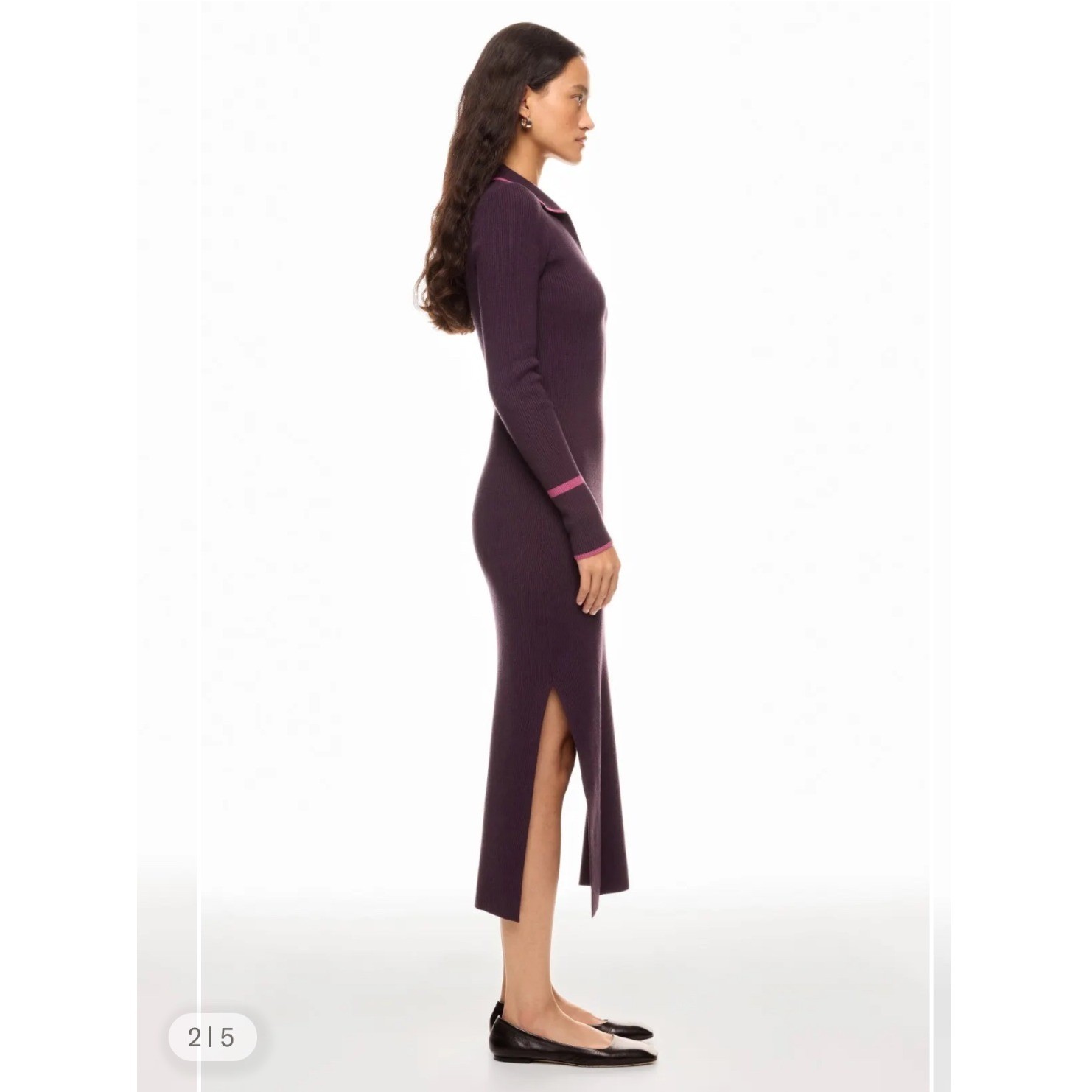 Marine Layer Ribbed Knit Polo Midi Dress Women’s Small Purple Bamboo Trim Slit