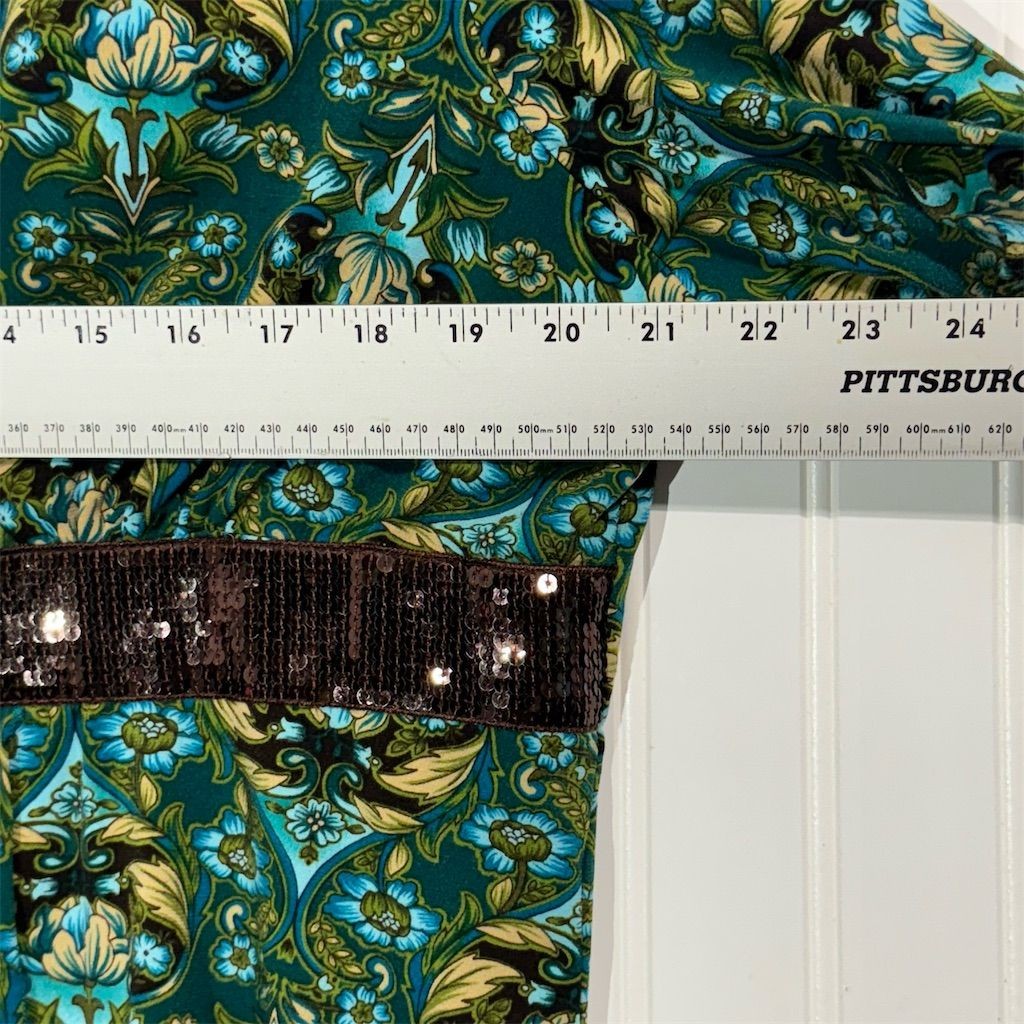 Fashion Bug Plus 18/20 Top Green Baroque Print Sequin Waist Surplice Asym Hem
