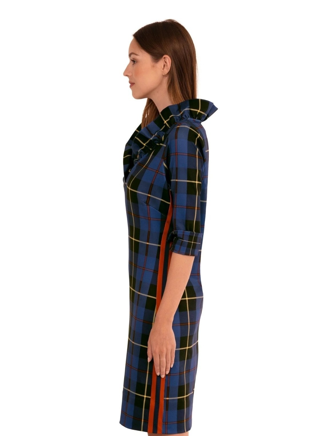 Gretchen Scott Dress M Navy Plaid Comfy Jersey Knit Ruffleneck Dress 3/4 Sleeves