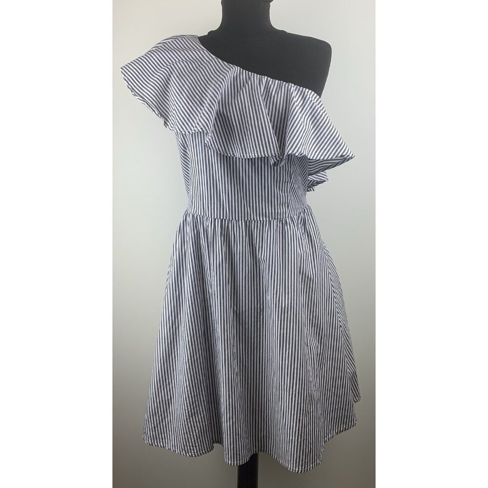 J.O.A LA One Shoulder Blue/White Ruffled Neckline Fit & Flare Mini Dress Sz M