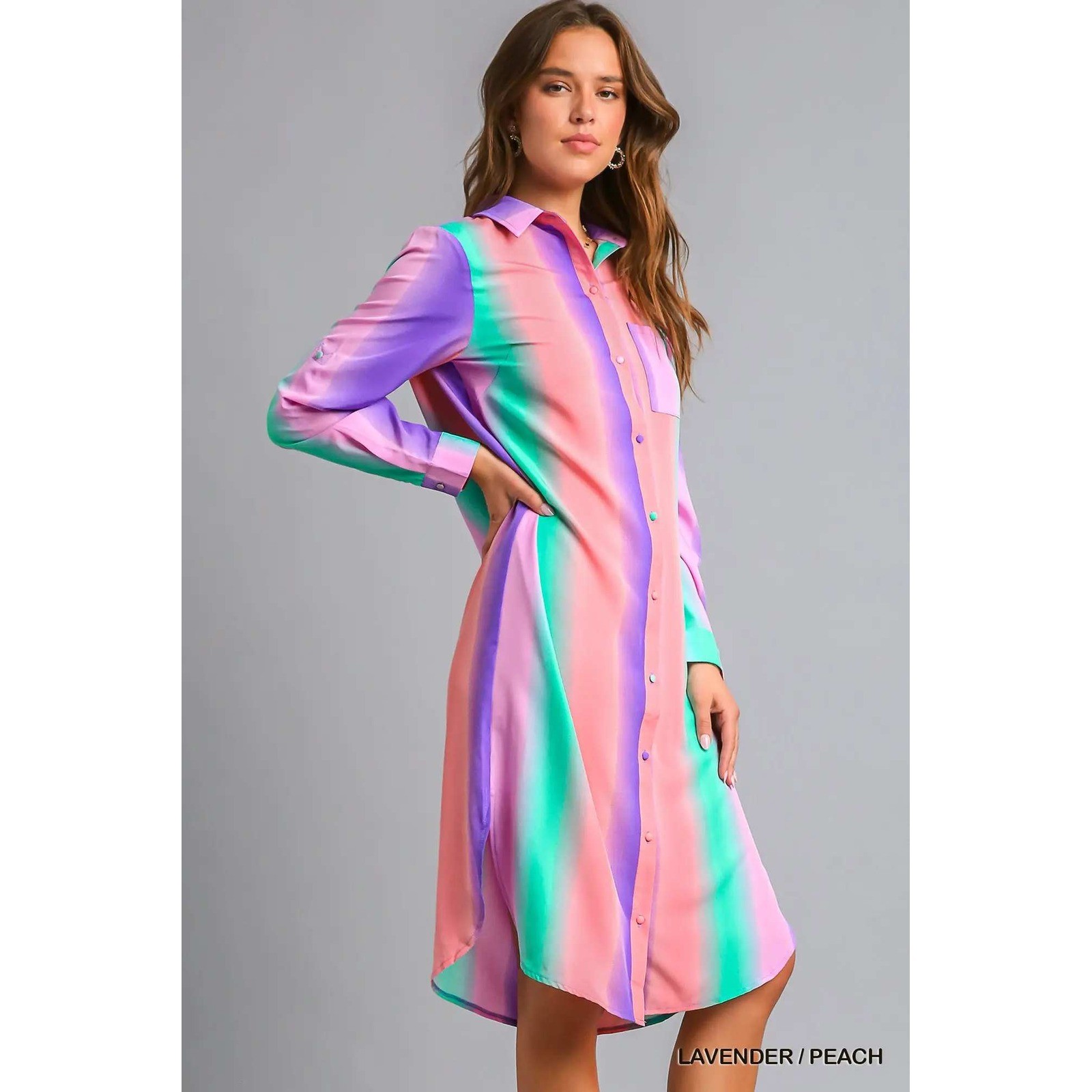 Lavender Peach Ombre Striped Button Down Shirt Dress Roll Tab Sleeve High Low