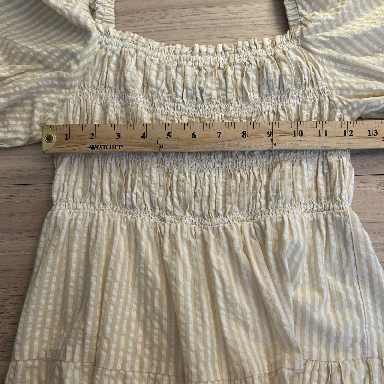 MINKPINK Seersucker Smocked Tiered Mini Dress Beige White Small Excellent