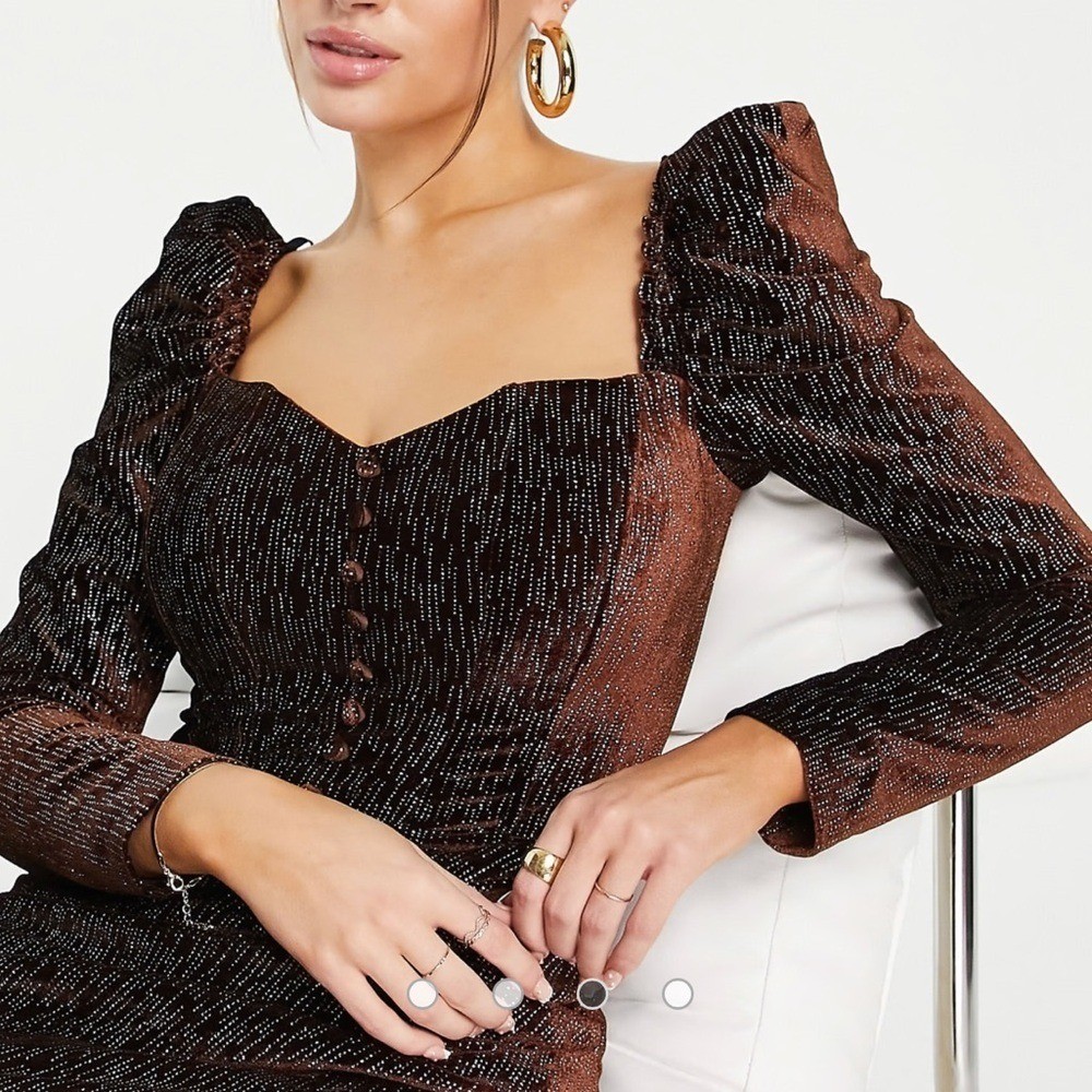 Lavish Alice sparkle velvet puff sleeve midi dress in chocolate brown 🛍️