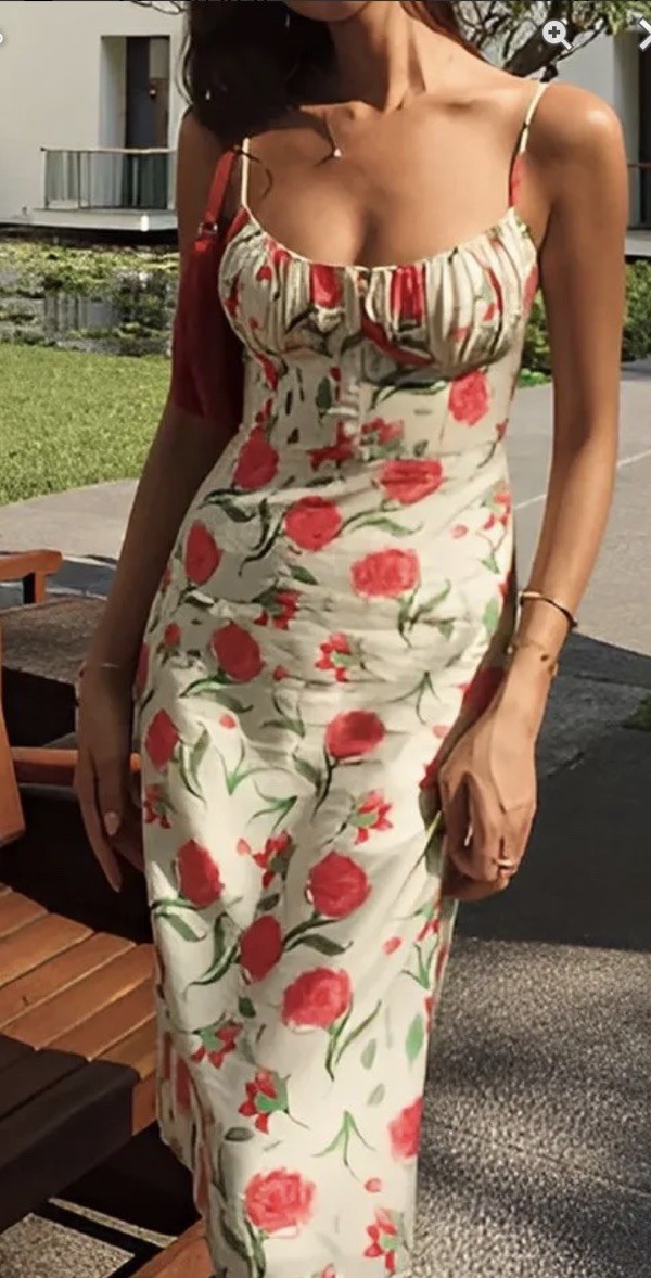 Commense Dress Sz M Coral Red Green Ivory Floral Adj Strap Tag Attached