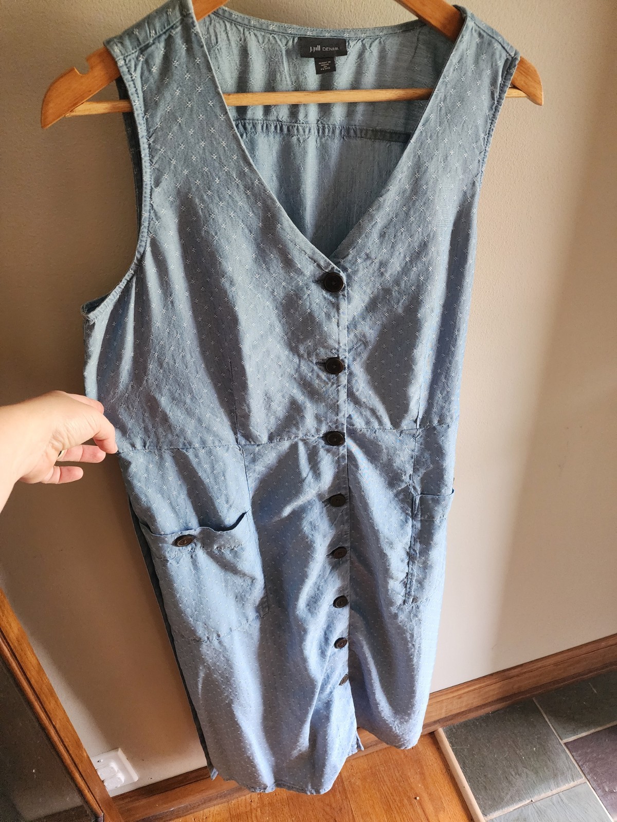 J.Jill Sleeveless Blue Wash Button-Front Dress Tie Waist Pockets Women’s M EUC