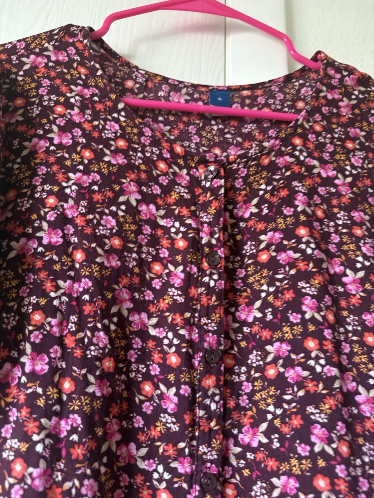 Old Navy Burgundy Floral Round Neck Puff Short Sleeve Button Front Midi XL