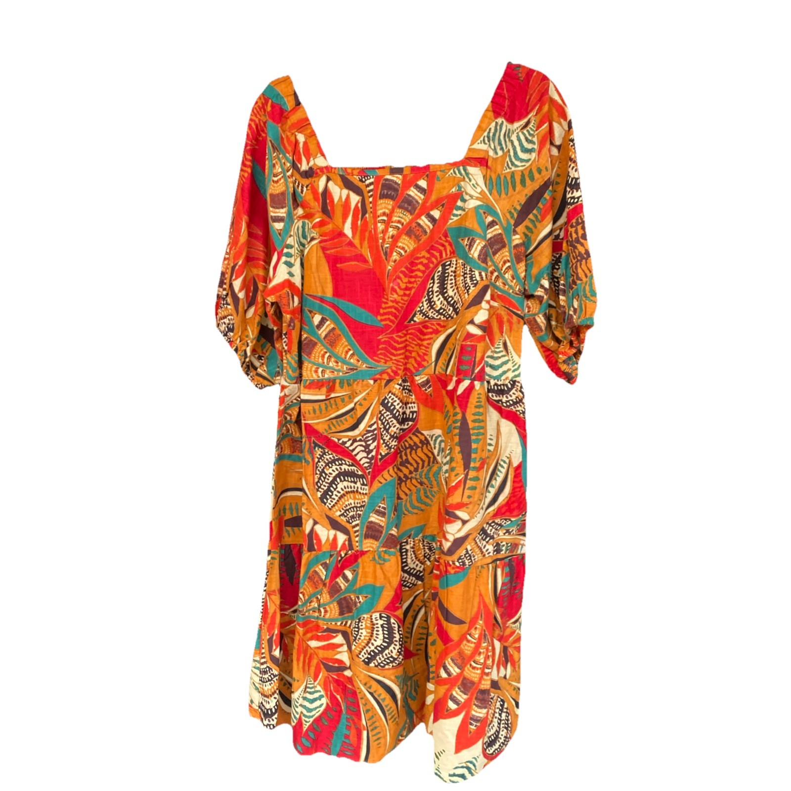 Mlle Gabrielle Dress Yellow Floral Cotton Tiered Short Puff Sleeve Women’s 1X
