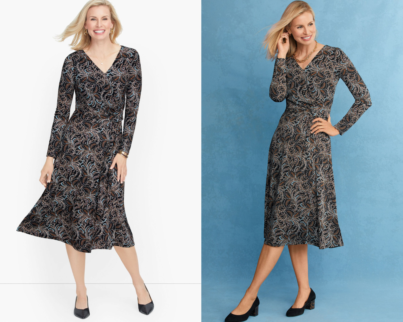 TALBOTS Jersey Knit Fit & Flare V-Neck Dress Paisley Pattern Size XLp
