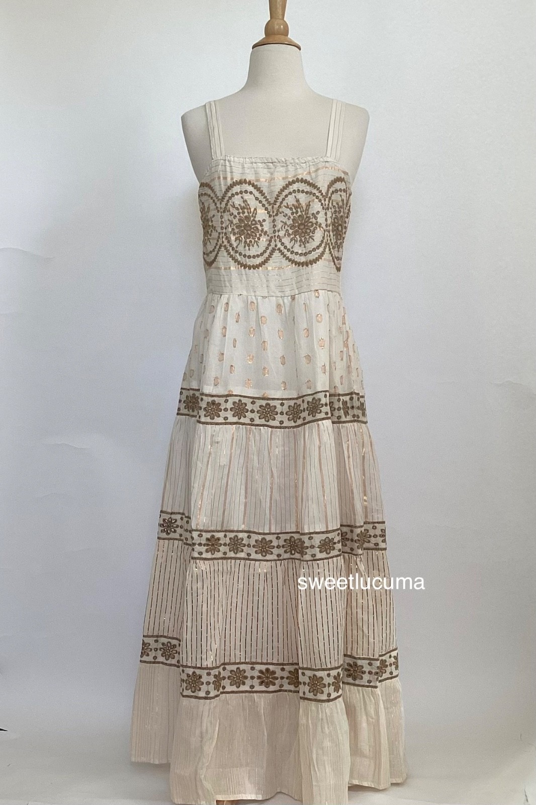 NWT Naoo Ivory Gold Cotton Maxi Dress M Smocked Eyelet Lurex Boho Cottagecore