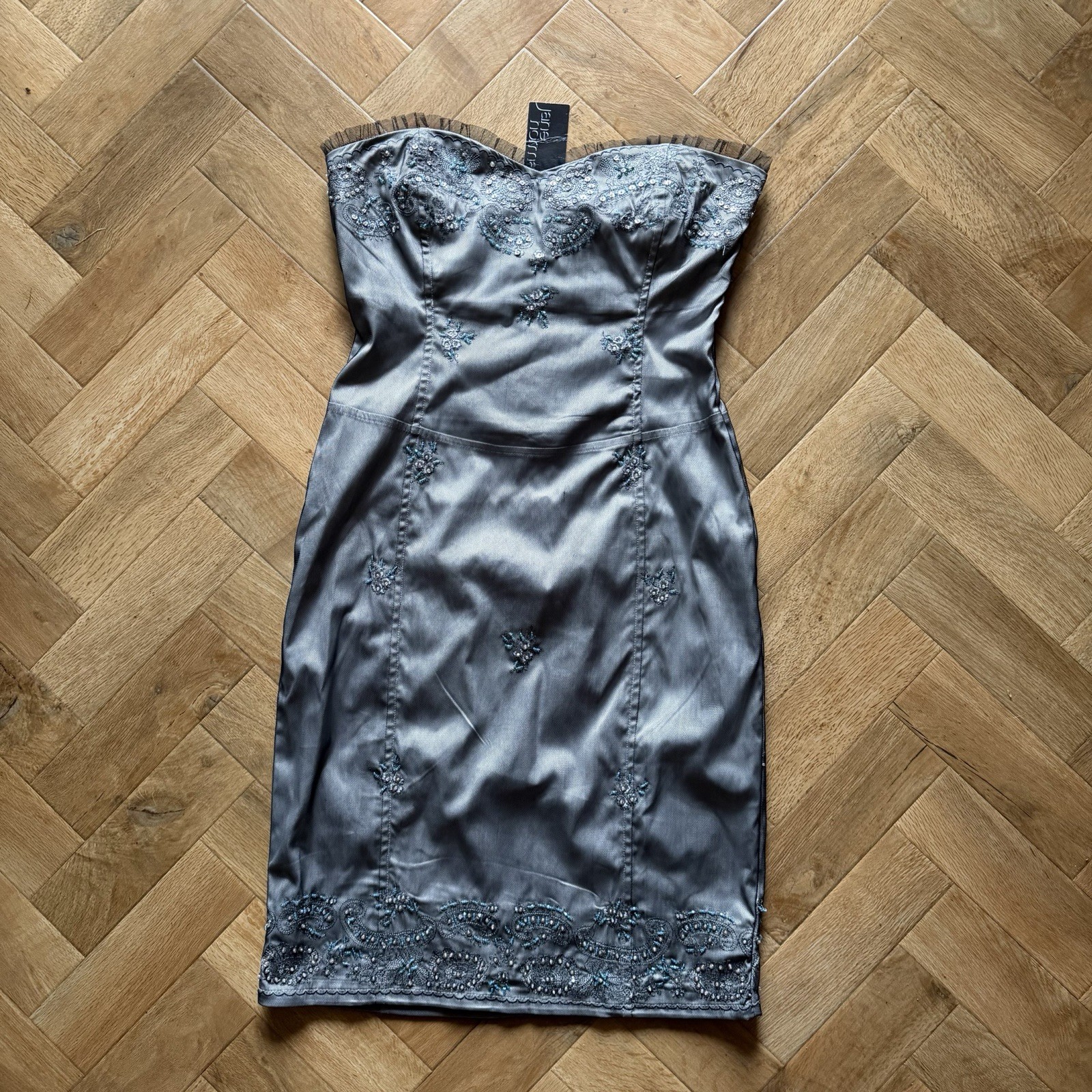 Jane Norman Y2K Strapless Corset Midi Dress Grey Embellished Lace Up Back