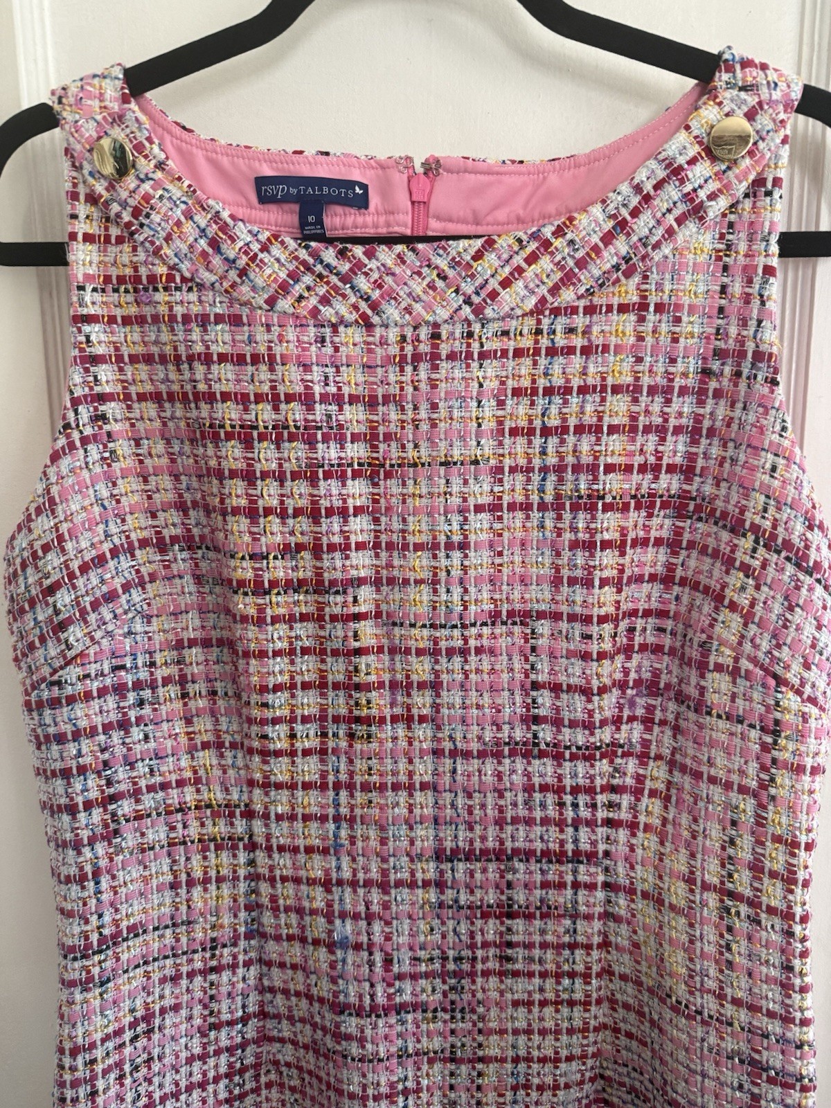 RSVP by Talbots Ribbon Tweed Shift Dress 10 Pink Gold Party Preppy Office Work