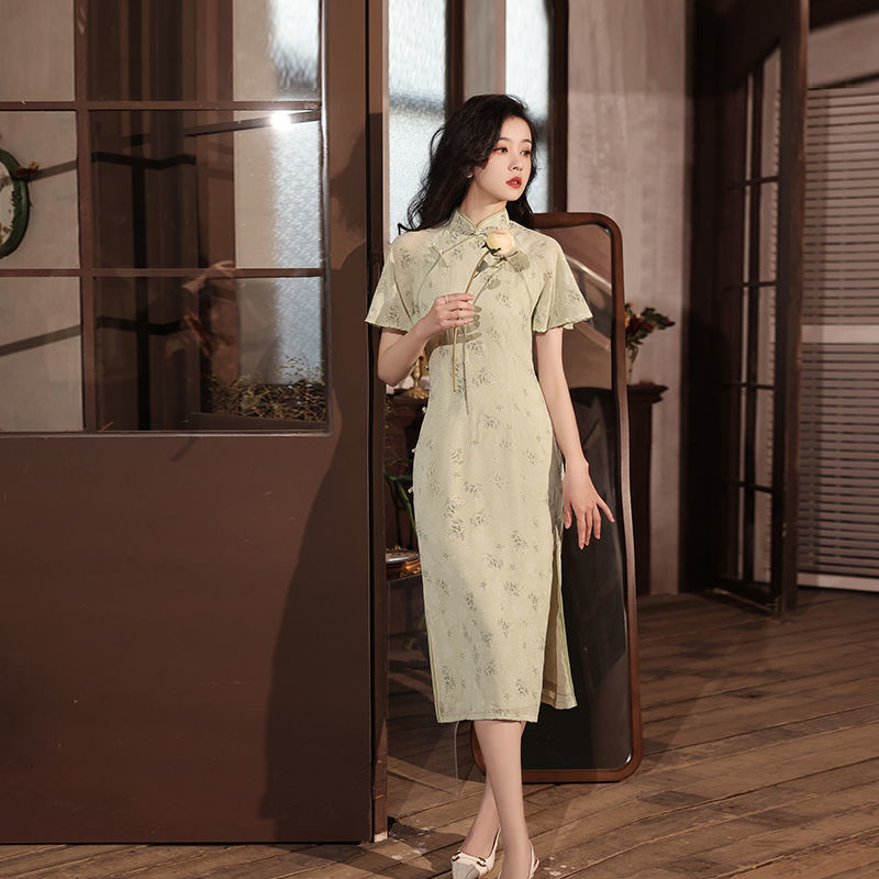 Chinese Women Florl Cheongsam Midi Dress Elegant Short Sleeve Fit Flare Qipao