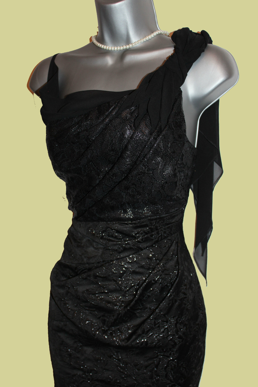 Karen Millen UK 10 Metallic Jacquard Black Lace Chiffon Drape Neck Dress EU 38