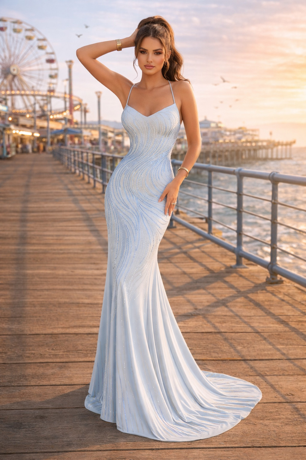 Long Light Blue Multi Coior Beaded Chiffon Sweetheart Prom Dress Size 00
