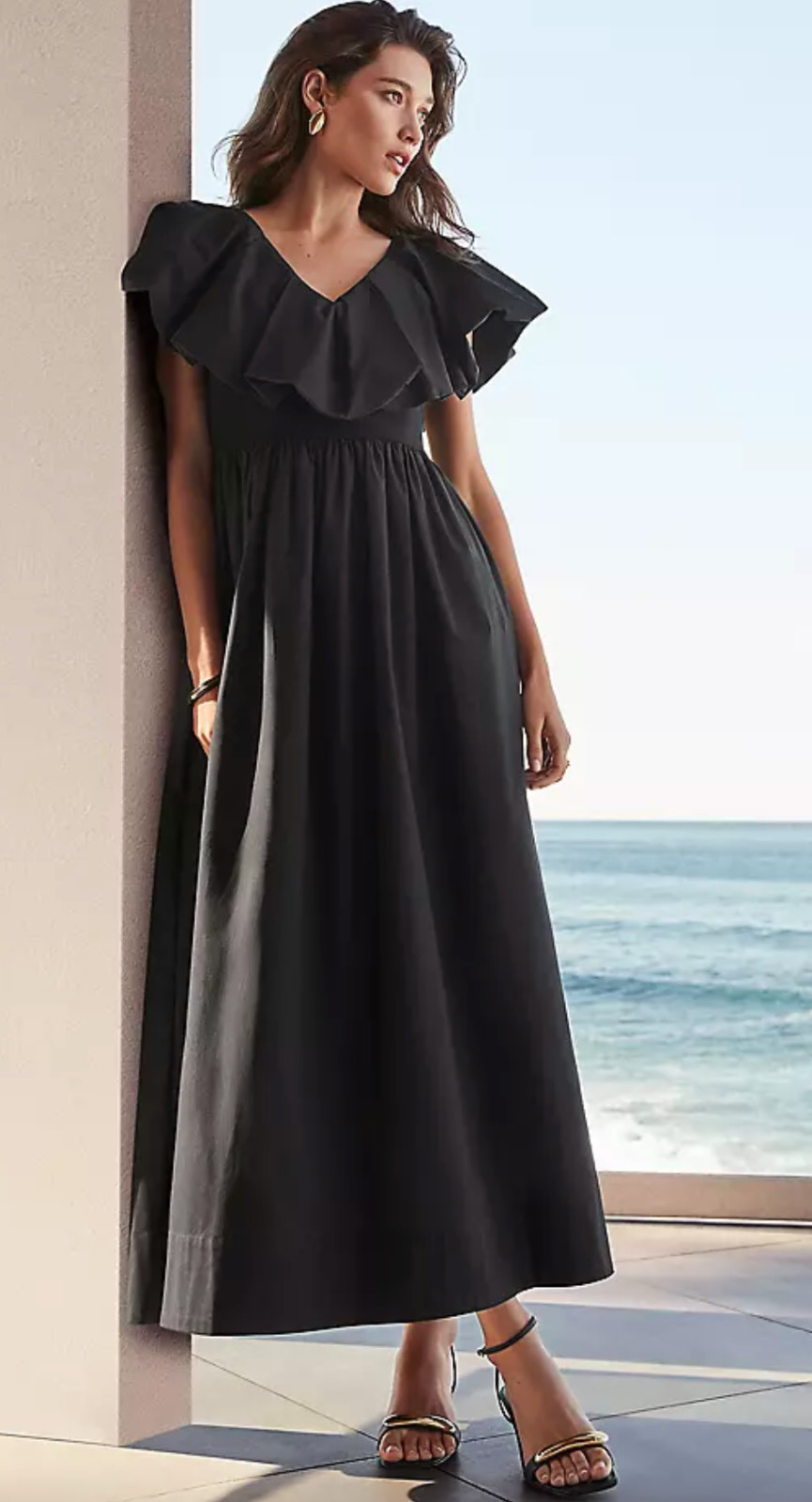 NWT ANN TAYLOR BLACK PETITE RUFFLE COLLAR MAXI FLARE DRESS SZ 12