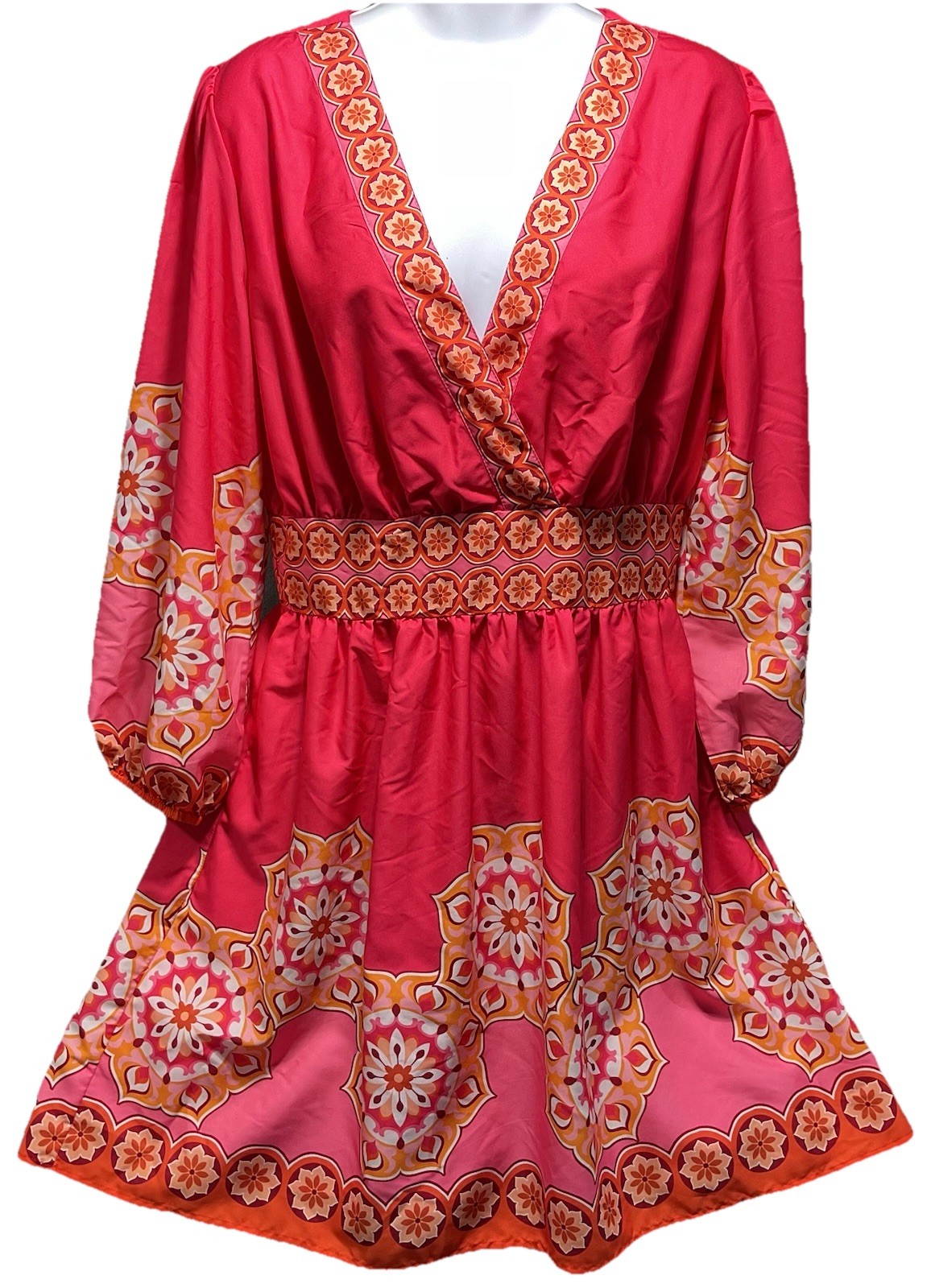 Boho Coral Pink Medallion Print Dress Women’s 10 Retro Mod Festival Vacation