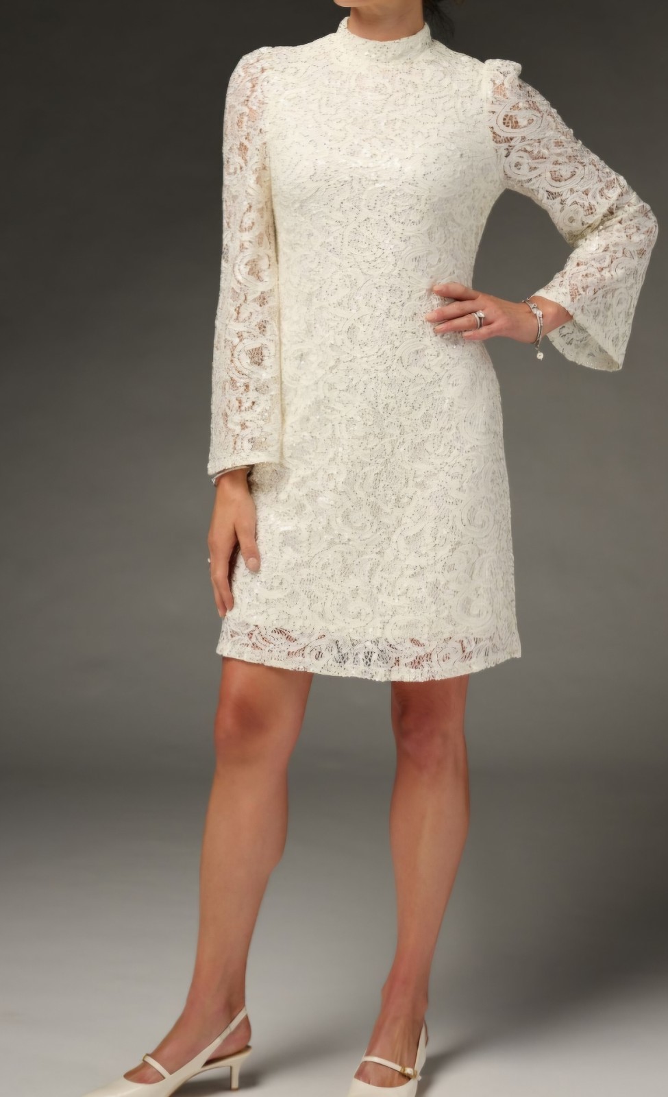 Nicole Miller Women’s Petites PS White Lace Sequin Mock Neck Shift Dress $105