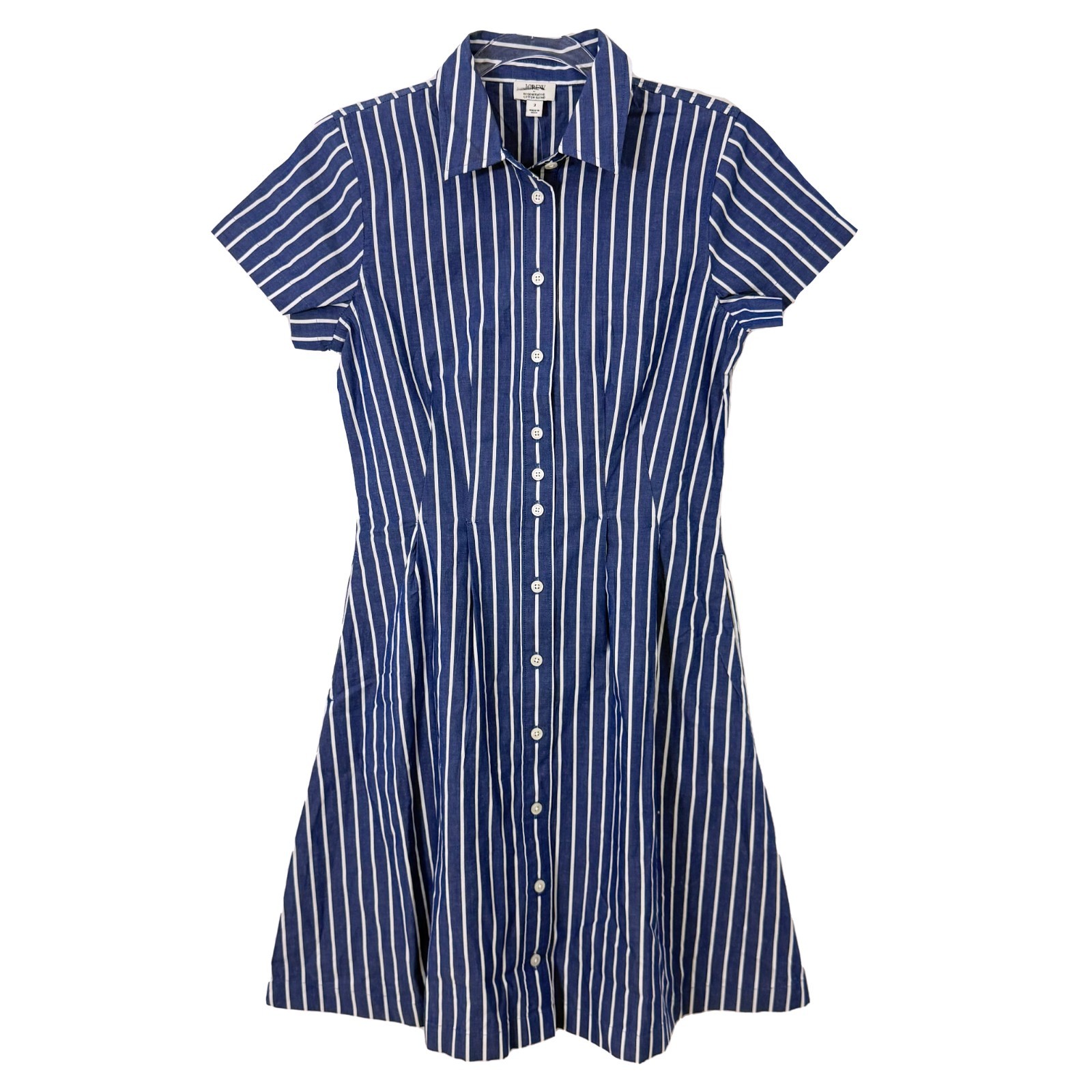 J.CREW Striped Poplin Pleated Mini Shirt-Dress 10 Night Sky White Pockets A4