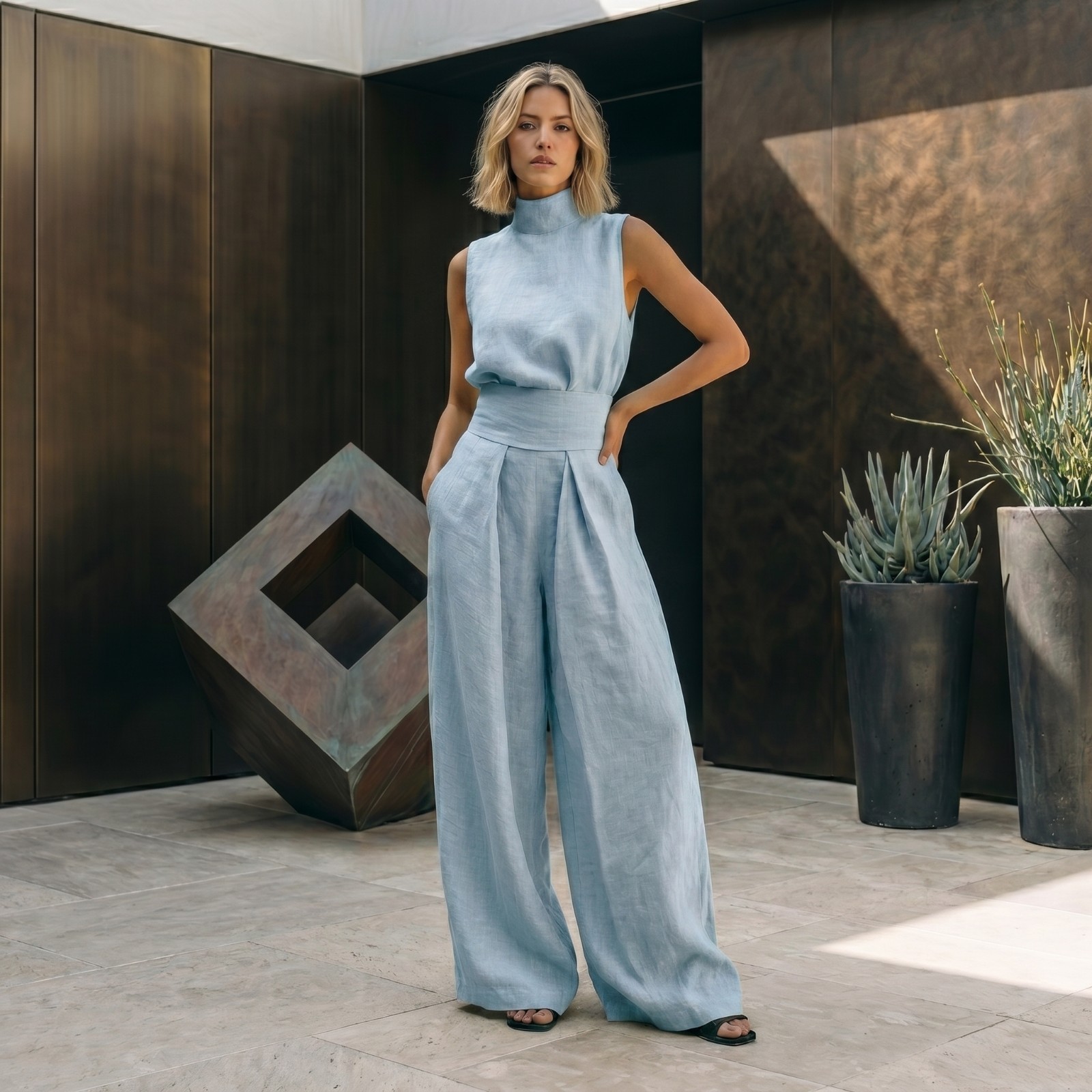 Linen Two Piece Set Mock Neck Sleeveless Top Wide Leg Pants Jumpsuit Matching